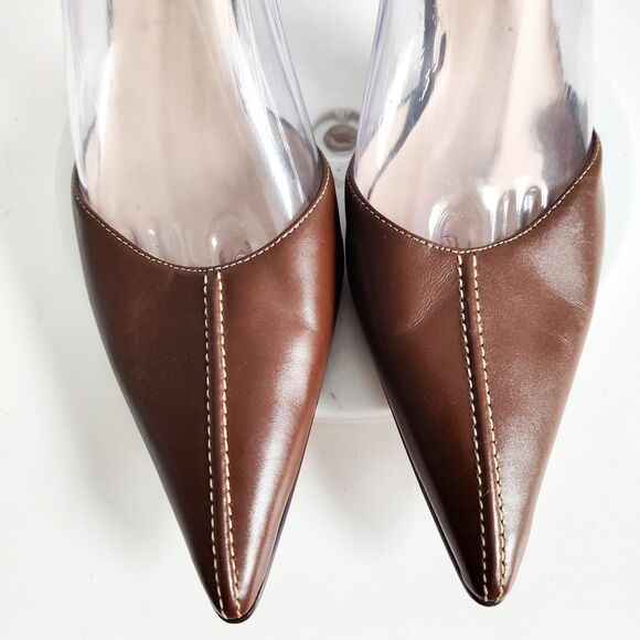 Y2K 90s Anne Klein Heels Size 9 Brown Leather Pointy Toe Ankle Strap 3" Stiletto - Picture 7 of 12